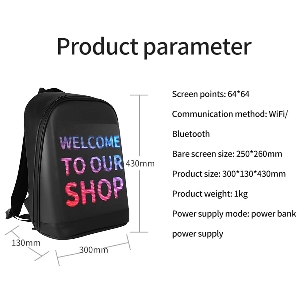 Women Men LED Display Screen Walking Advertising Backpack School Laptop Bags