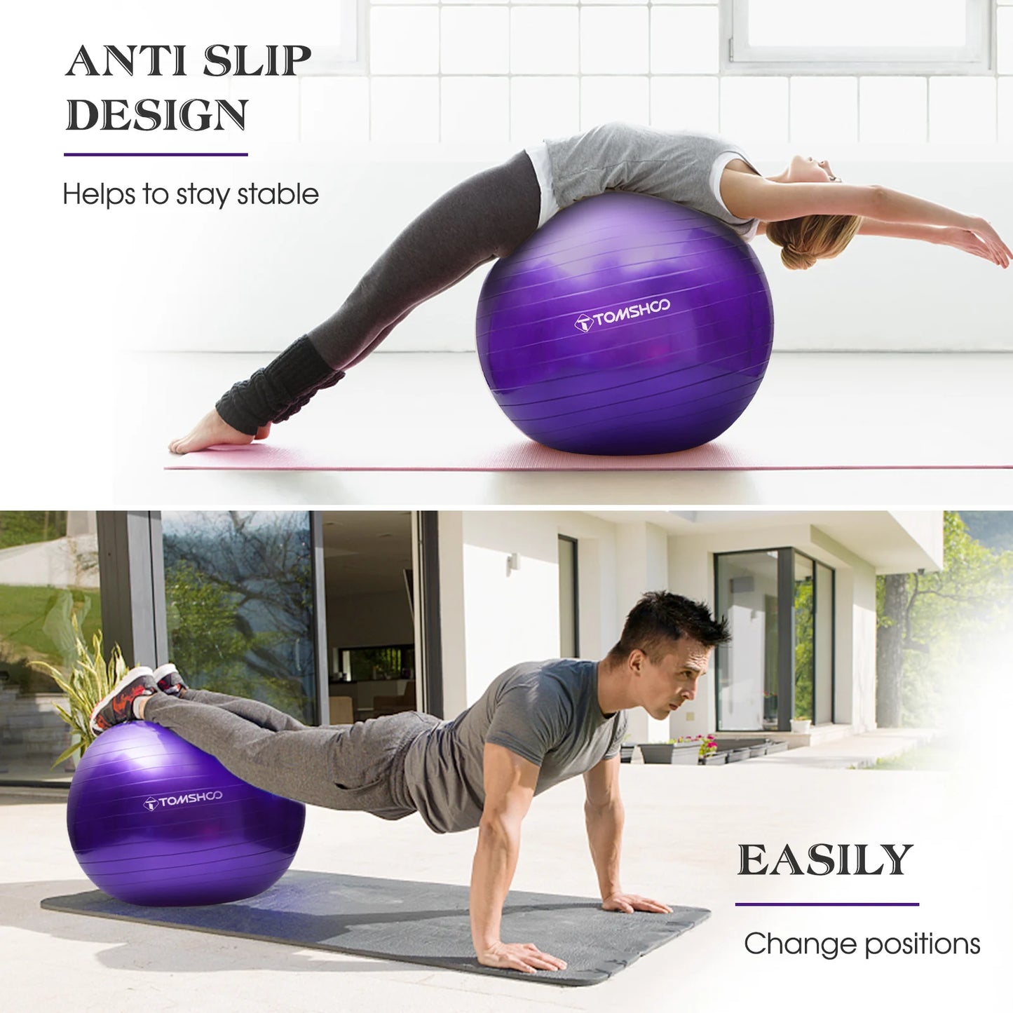 TOMSHOO Anti-burst Yoga Ball 45cm/55cm/65cm/75cm Stability Balance Ball Pilates Barre Physical Fitness Exercise Ball with Air Pu