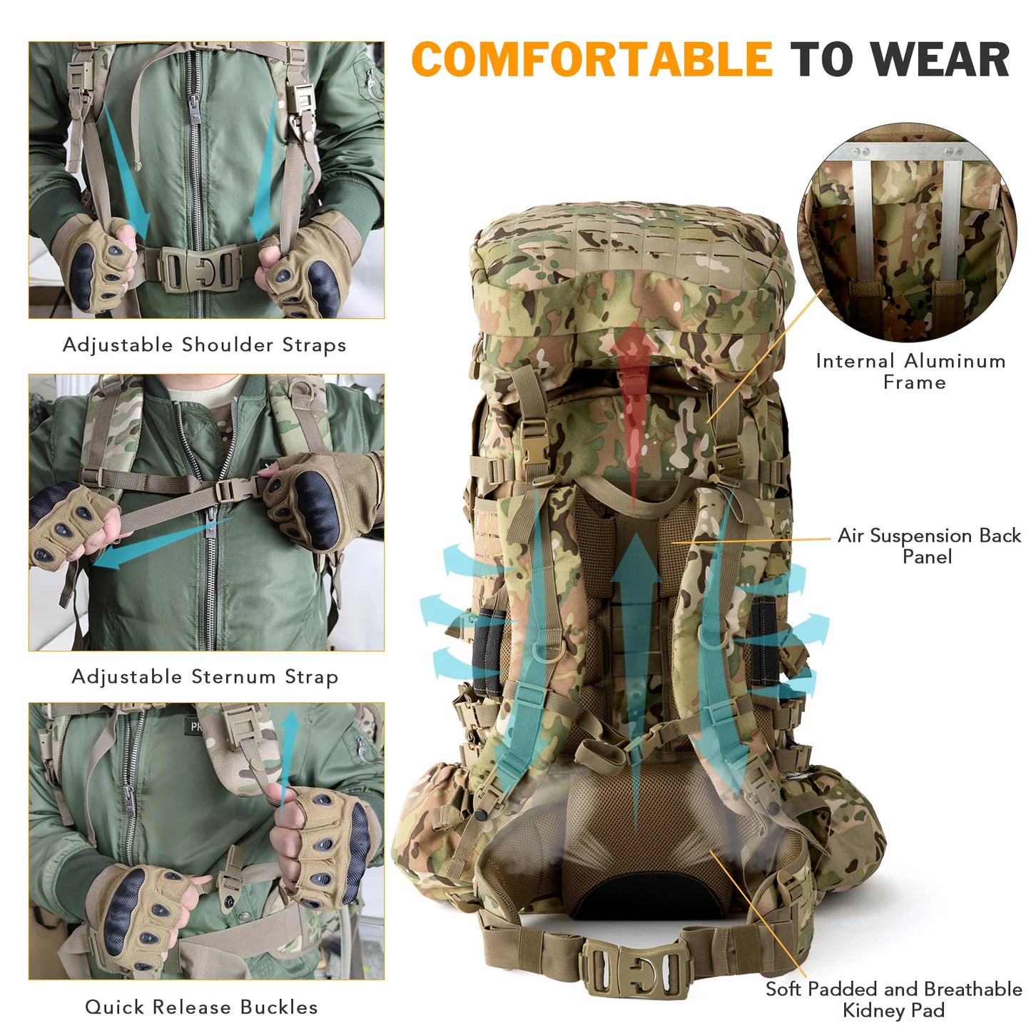 MT Military ILBE Army Large Rucksack with Detacheable Tactical Assault Backpack and Hydration Pack Metal Frame Multicam Olive