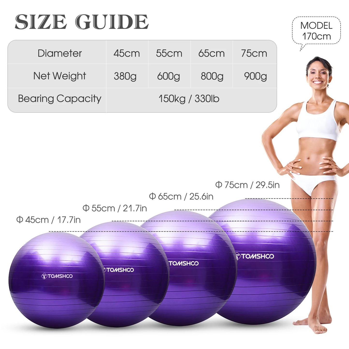 TOMSHOO Anti-burst Yoga Ball 45cm/55cm/65cm/75cm Stability Balance Ball Pilates Barre Physical Fitness Exercise Ball with Air Pu