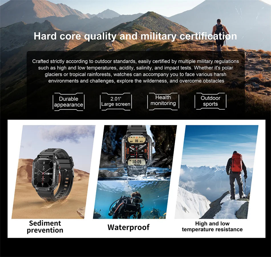 New Smart Watch Men Military Quality Outdoor Waterproof Anti Falling Anti Pressure Sport Fitness Bluetooth Call Smartwatch 2024