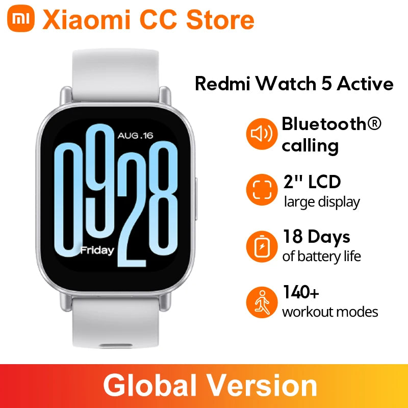 Global Version Xiaomi Redmi Watch 5 Active Up to 18 days of battery life 2'' Display 140+ workout modes Bluetooth calling 5ATM