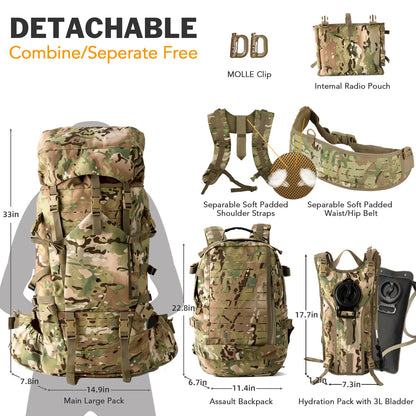 MT Military ILBE Army Large Rucksack with Detacheable Tactical Assault Backpack and Hydration Pack Metal Frame Multicam Olive