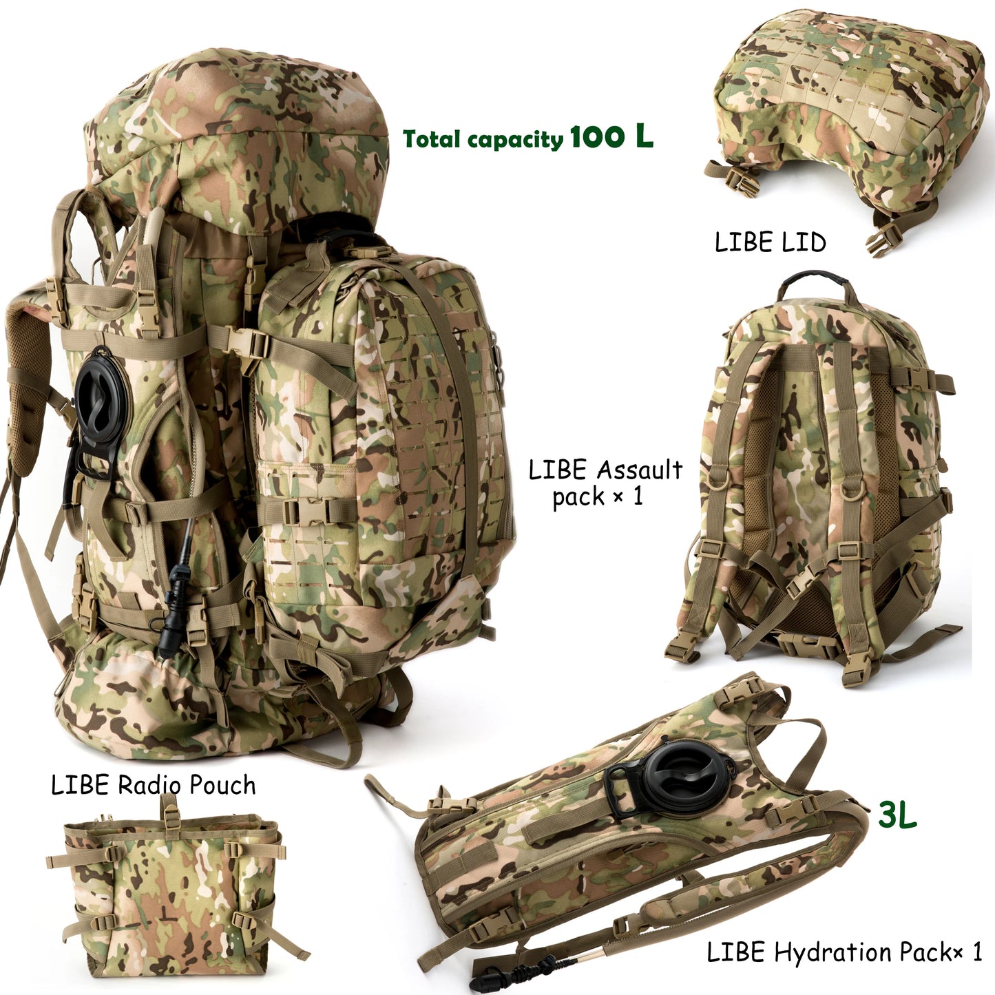 MT Military ILBE Army Large Rucksack with Detacheable Tactical Assault Backpack and Hydration Pack Metal Frame Multicam Olive